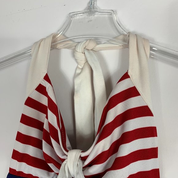 Pinup Couture Swimsuit Red Blue Stripe Halter One - Picture 4 of 5